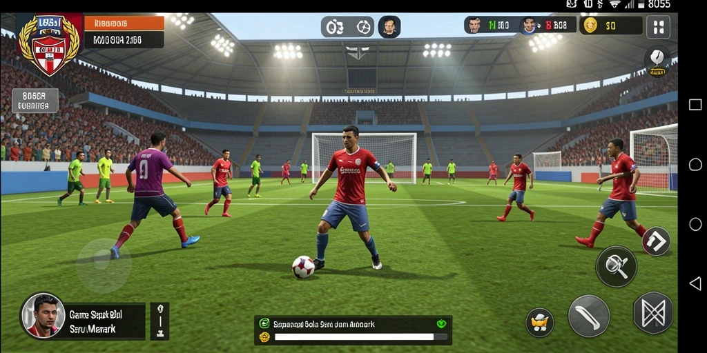 Screenshot permainan 8055 menampilkan aksi sepak bola yang intens.