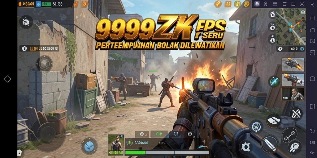 Screenshot utama menampilkan aksi seru di game FPS 999ZK.