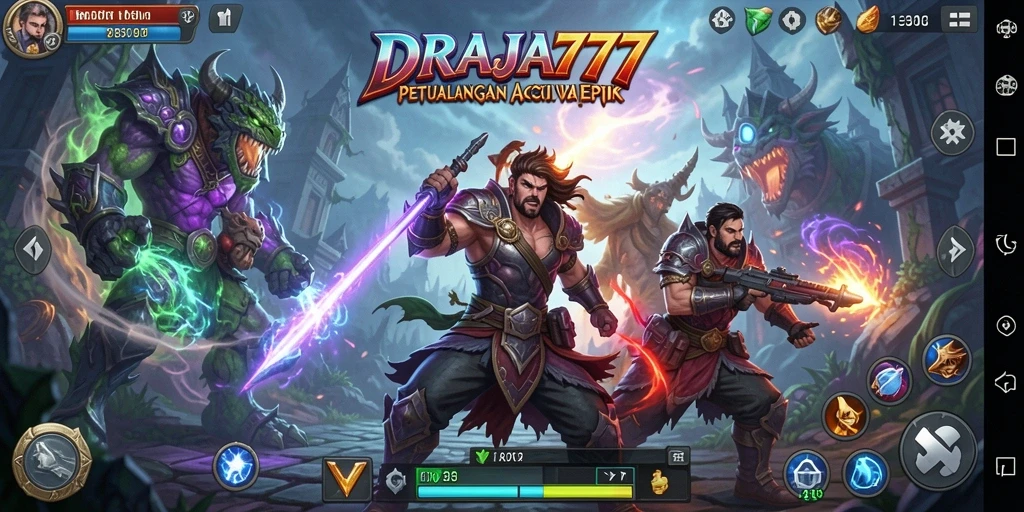 Tampilan gameplay DRAJA777 dalam peperangan epik melawan monster fantastis.