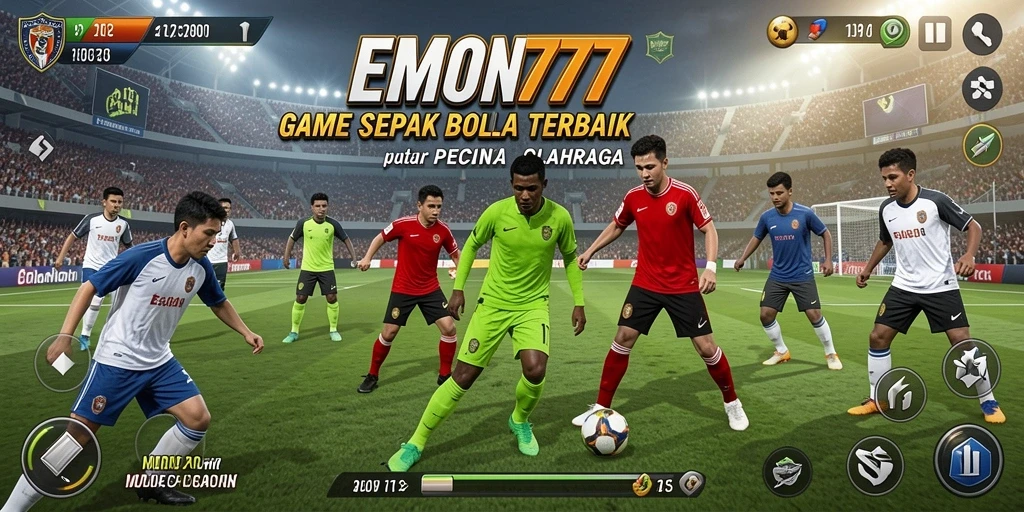 Screenshot gameplay EMON777 menampilkan aksi seru di lapangan sepak bola.
