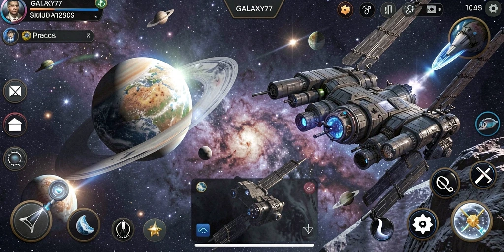 Screenshot gameplay yang menunjukkan aksi luar angkasa yang menegangkan.