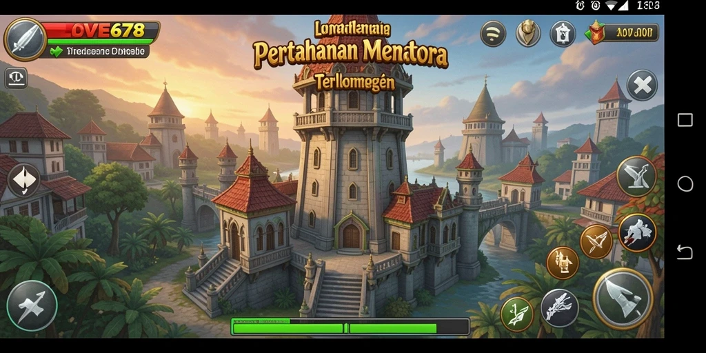 Screenshot gameplay yang menunjukkan menara bertahan dan serangan musuh.