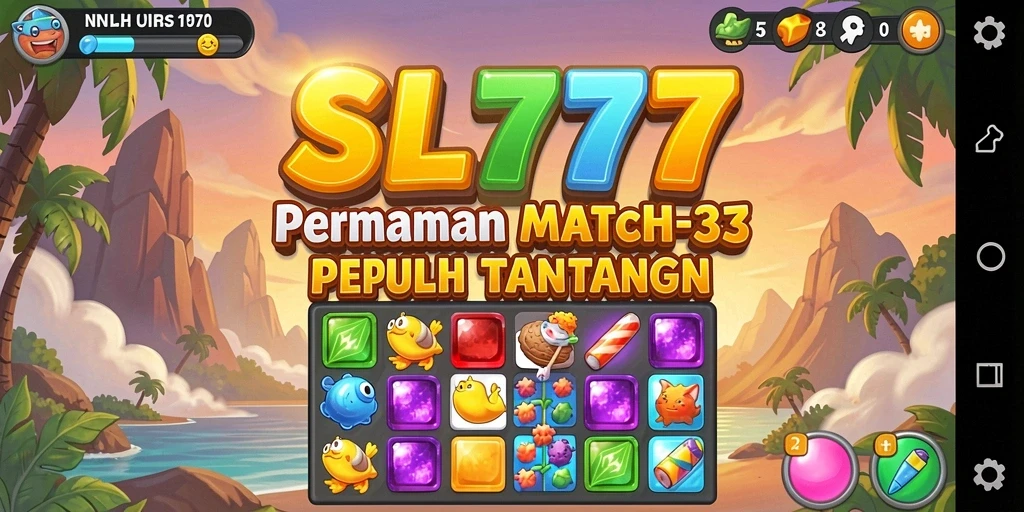 Tampilan gameplay SL777 menampilkan elemen match-3 yang berwarna-warni dan seru.