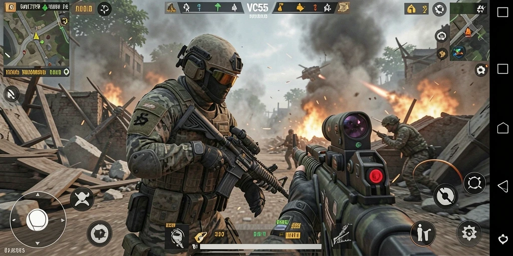 Screenshot gameplay VC55 yang memperlihatkan aksi seru dalam pertempuran TPS.